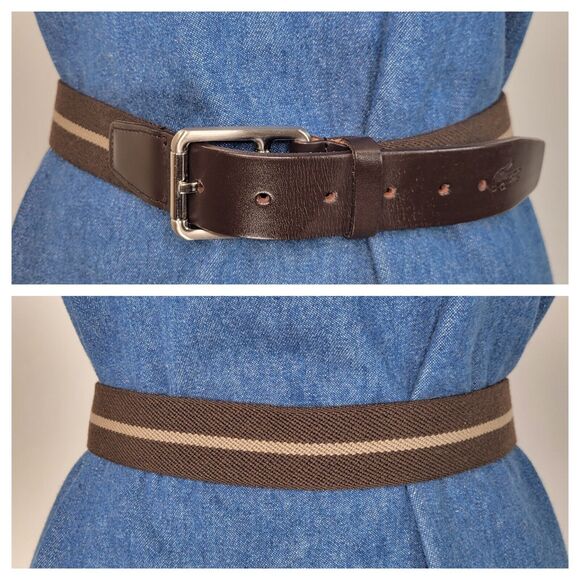 LACOSTE Brown and Tan Striped Stretch Belt Size 38 Silver Buckle Made In France - Picture 1 of 8